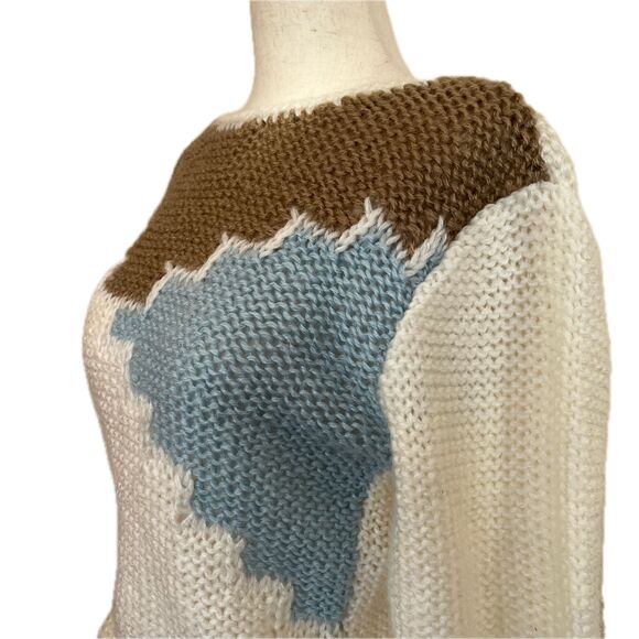 Vintage 80s Sharon Sports Knit Sweater S Acrylic Colorblock White Brown Blue - Picture 4 of 9